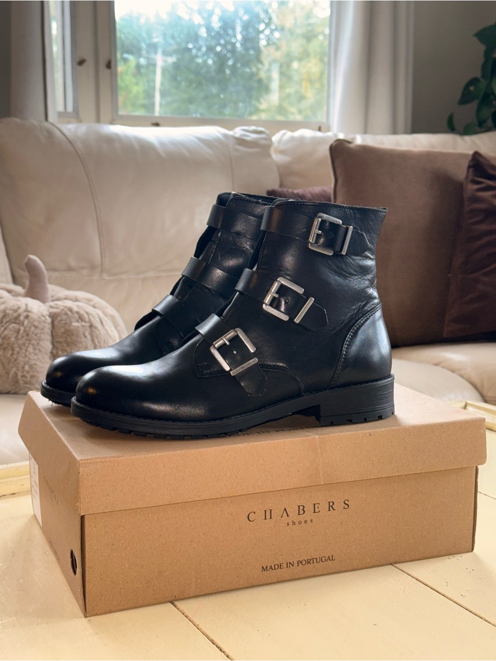Chabers Womens Leather Combat Moto Boot Black US 9